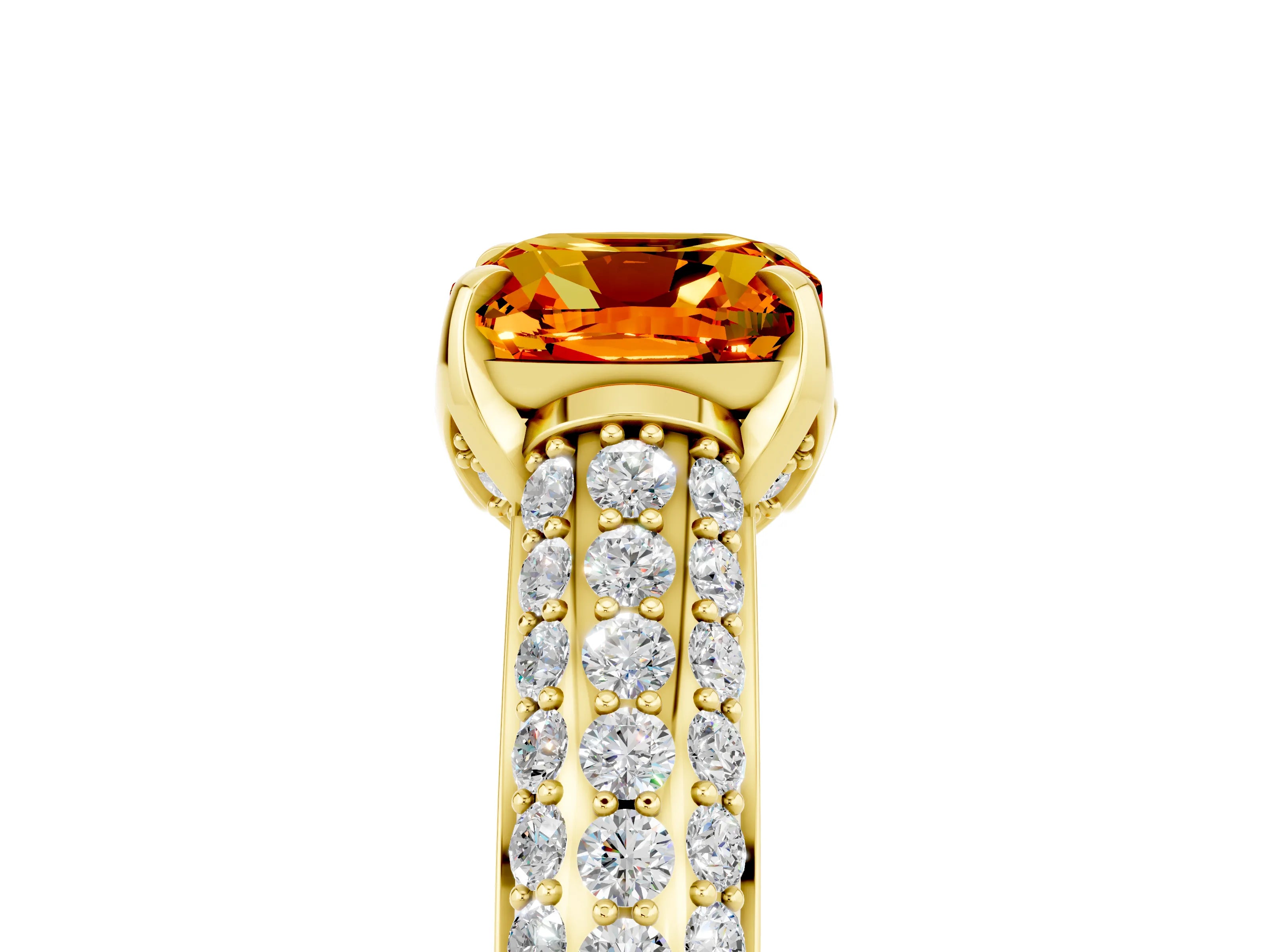 Yellow gold Cushion Cut Citrine Solitaire Ring with Three-Row Pavé Band and Four-Prong Setting_17