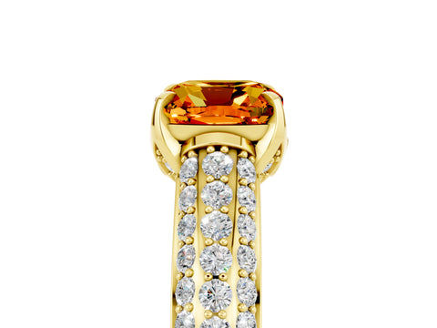 Yellow gold Cushion Cut Citrine Solitaire Ring with Three-Row Pavé Band and Four-Prong Setting_17