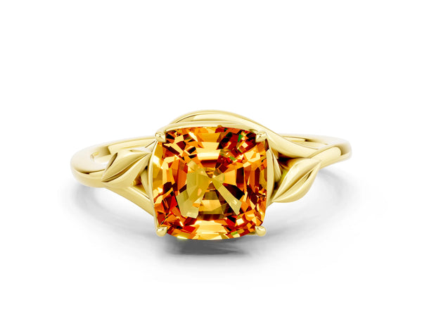 Yellow gold Cushion Cut Citrine Solitaire Ring with Twist Band and Four-Prong Setting
