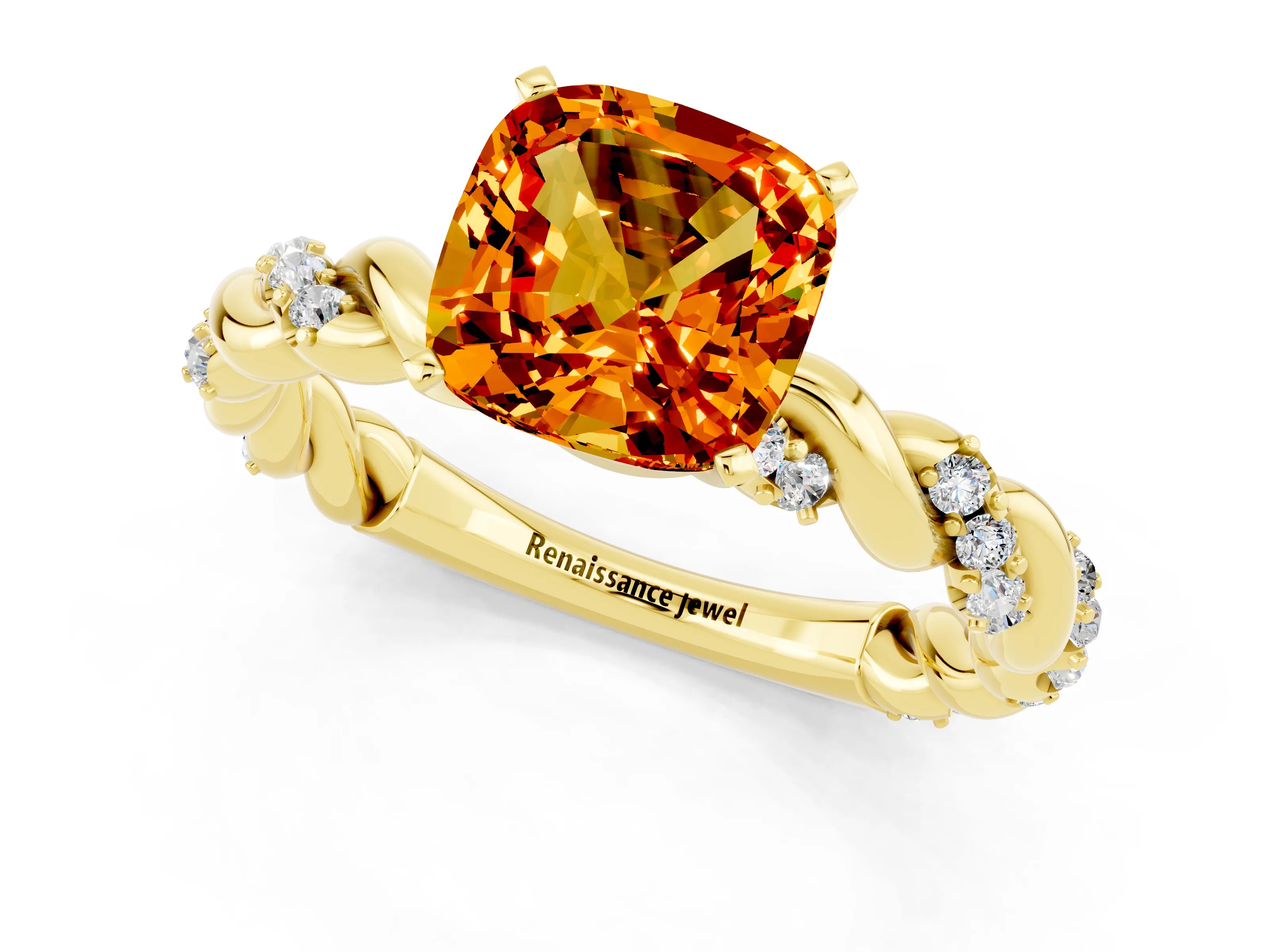 Yellow gold Cushion Cut Citrine Solitaire Ring with Twisted Band and Pavé Accents_1