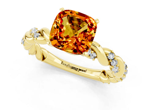 Yellow gold Cushion Cut Citrine Solitaire Ring with Twisted Band and Pavé Accents_1
