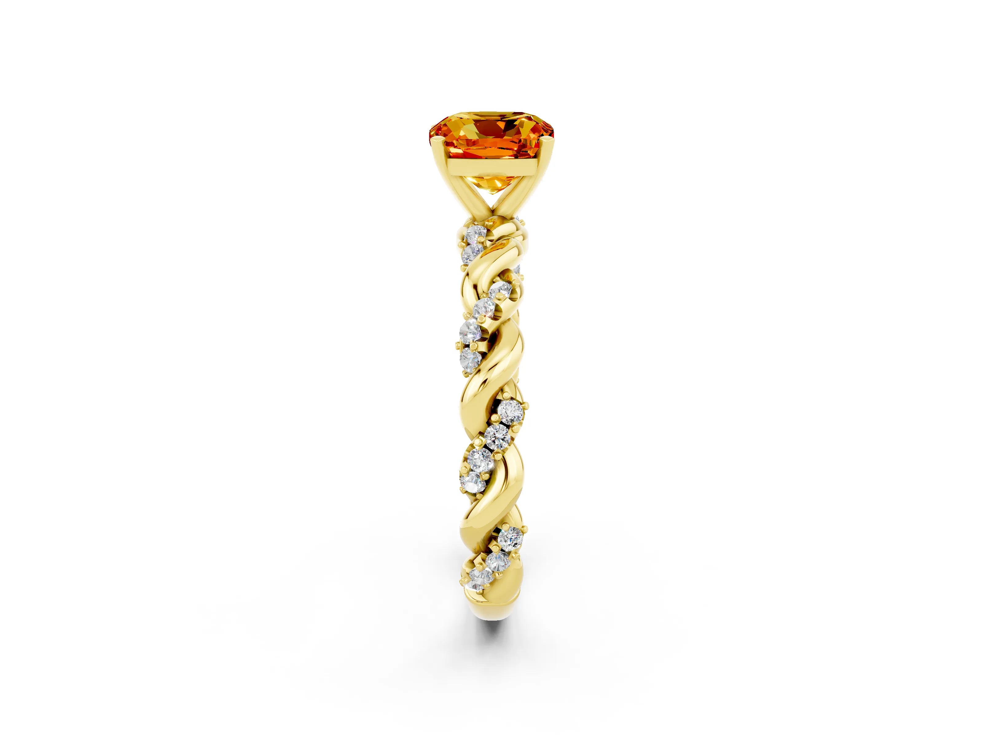 Yellow gold Cushion Cut Citrine Solitaire Ring with Twisted Band and Pavé Accents_2