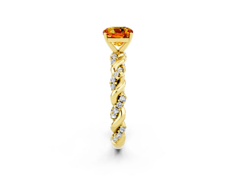 Yellow gold Cushion Cut Citrine Solitaire Ring with Twisted Band and Pavé Accents_2
