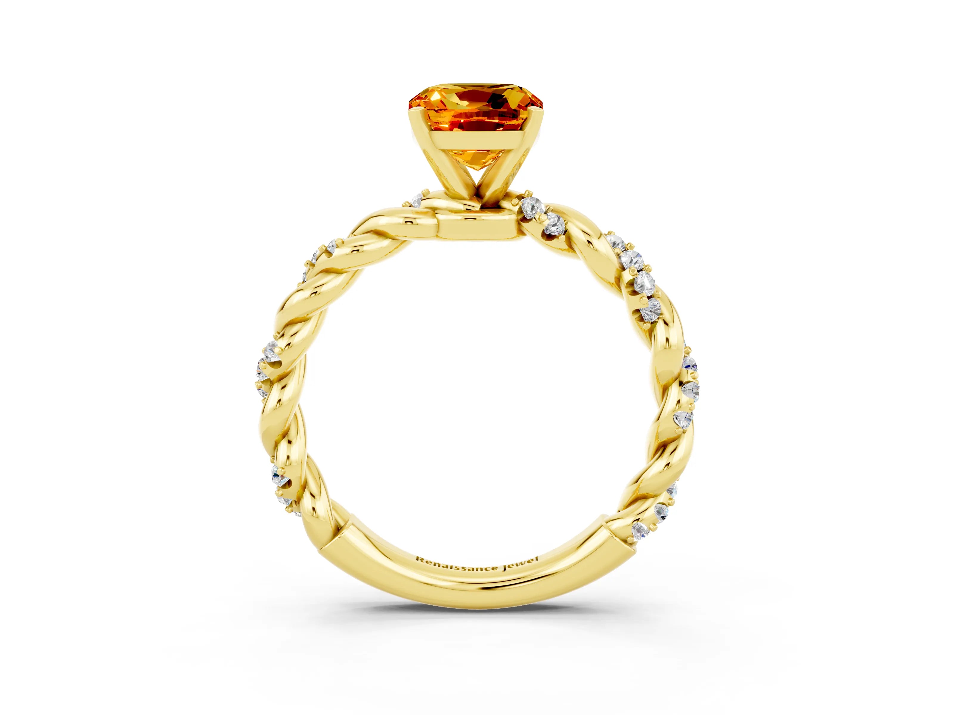 Yellow gold Cushion Cut Citrine Solitaire Ring with Twisted Band and Pavé Accents_3