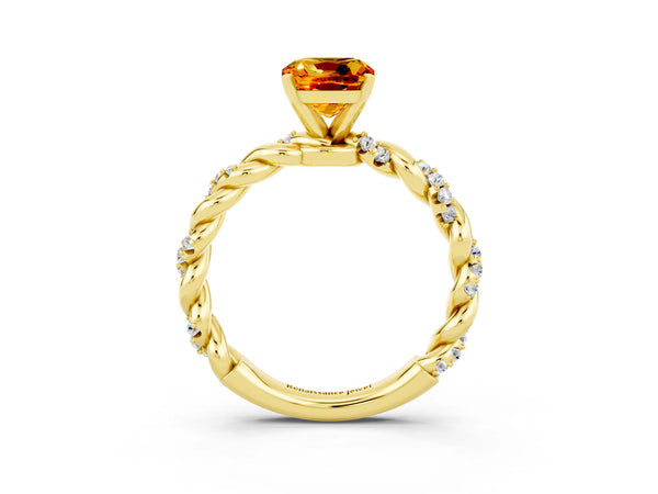 Yellow gold Cushion Cut Citrine Solitaire Ring with Twisted Band and Pavé Accents