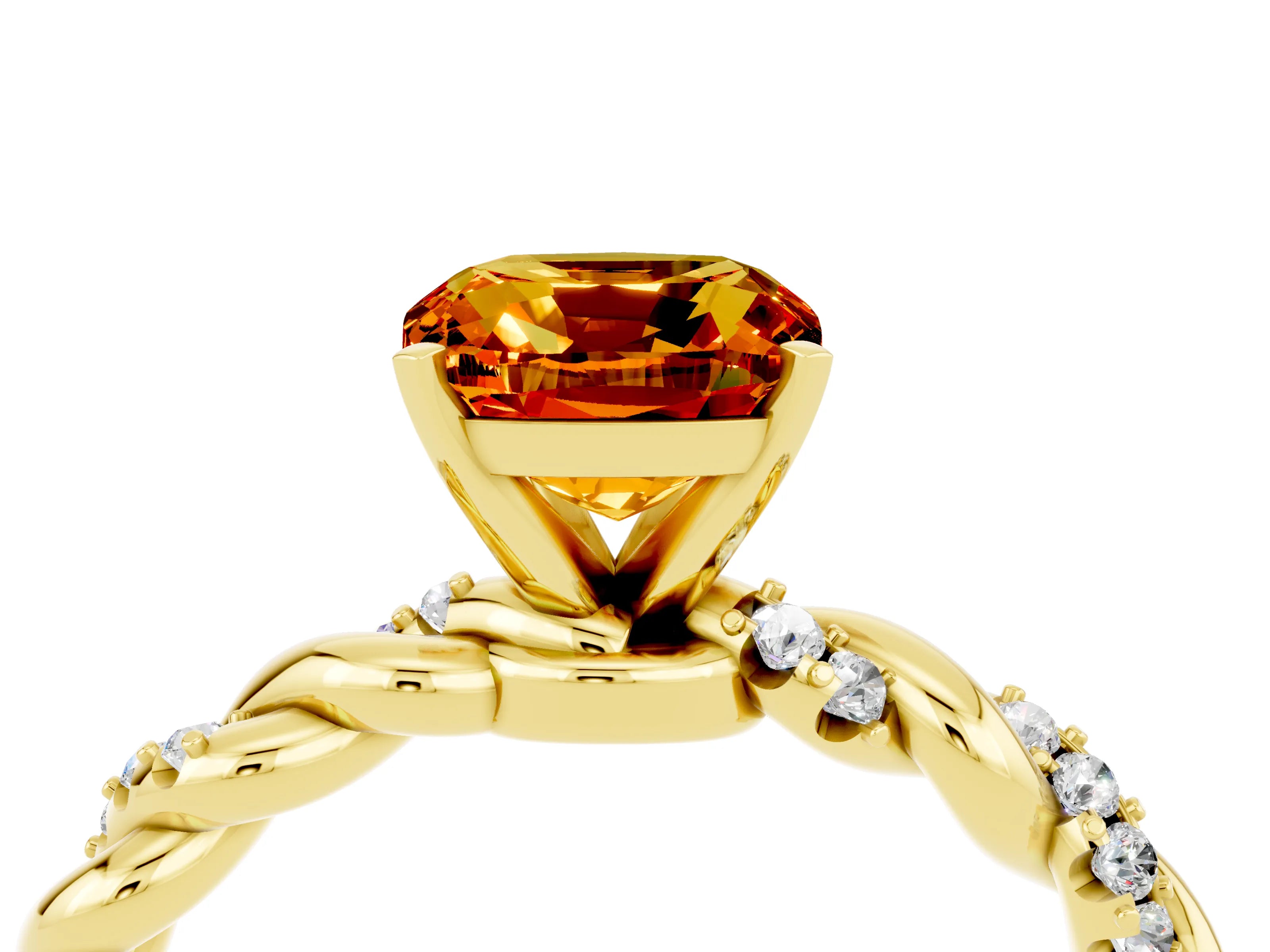 Yellow gold Cushion Cut Citrine Solitaire Ring with Twisted Band and Pavé Accents_4