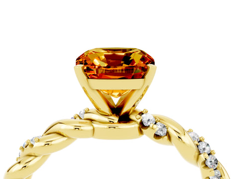Yellow gold Cushion Cut Citrine Solitaire Ring with Twisted Band and Pavé Accents_4