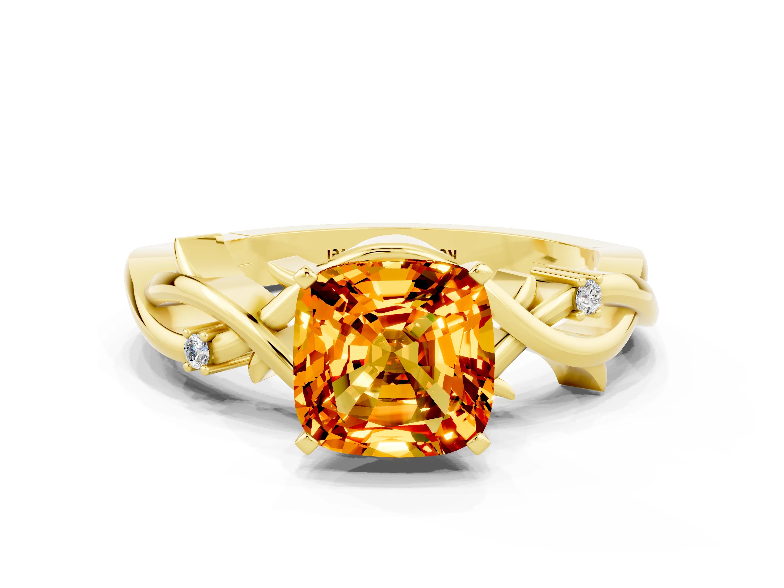 Yellow gold Cushion Cut Citrine Solitaire Ring with Twisted Band and Prong Setting