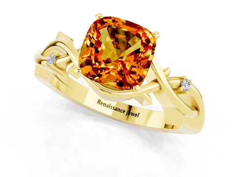 Yellow gold Cushion Cut Citrine Solitaire Ring with Twisted Band and Prong Setting_1