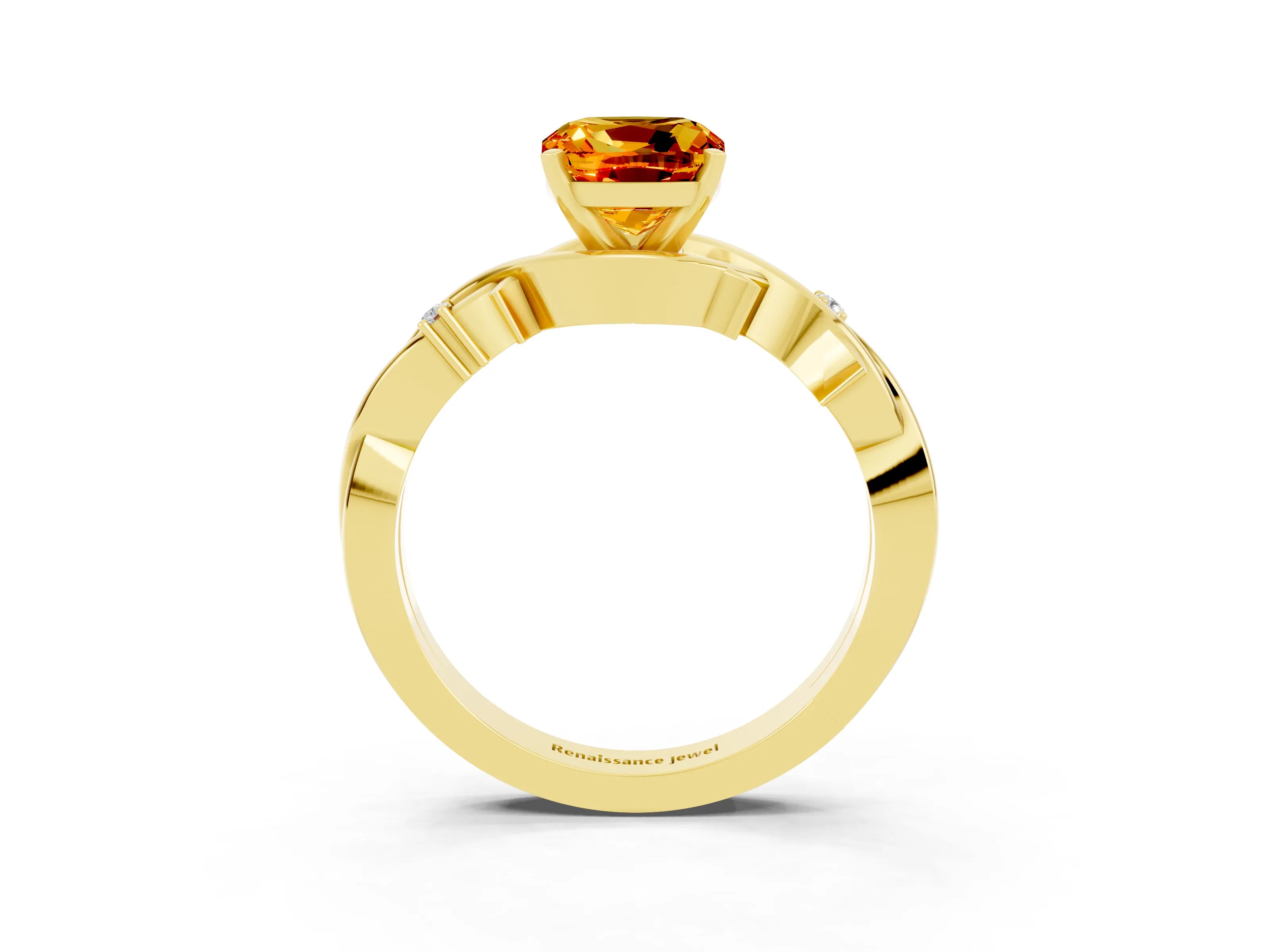 Yellow gold Cushion Cut Citrine Solitaire Ring with Twisted Band and Prong Setting_3