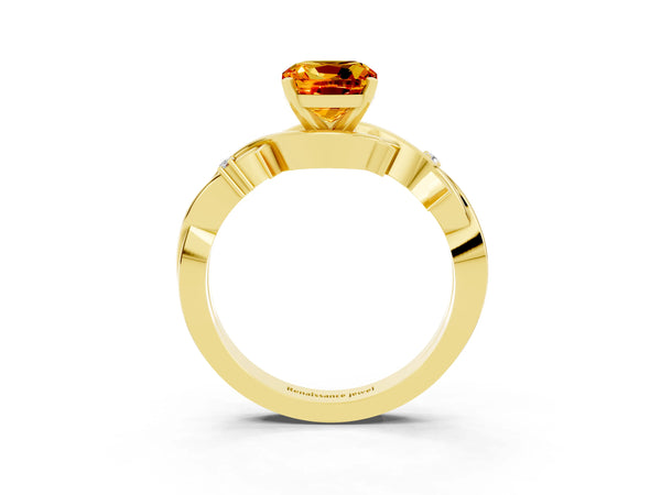 Yellow gold Cushion Cut Citrine Solitaire Ring with Twisted Band and Prong Setting