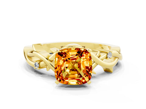 Yellow gold Cushion Cut Citrine Solitaire Ring with Twisted Band and Prong Setting