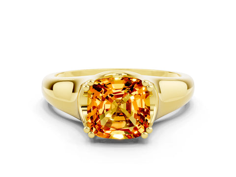 Yellow gold Cushion Cut Citrine Solitaire Ring with Wide Band and Prong Setting