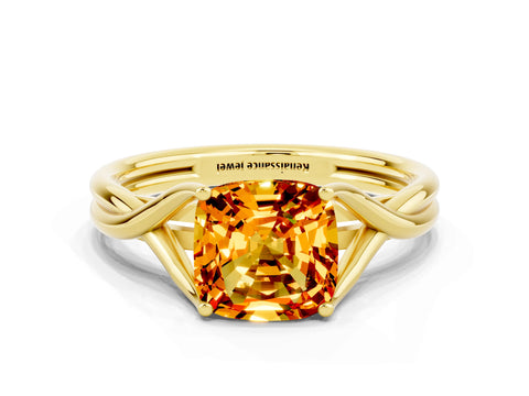 Yellow gold Cushion Cut Citrine Solitaire Twist Band Prong Setting Ring_48