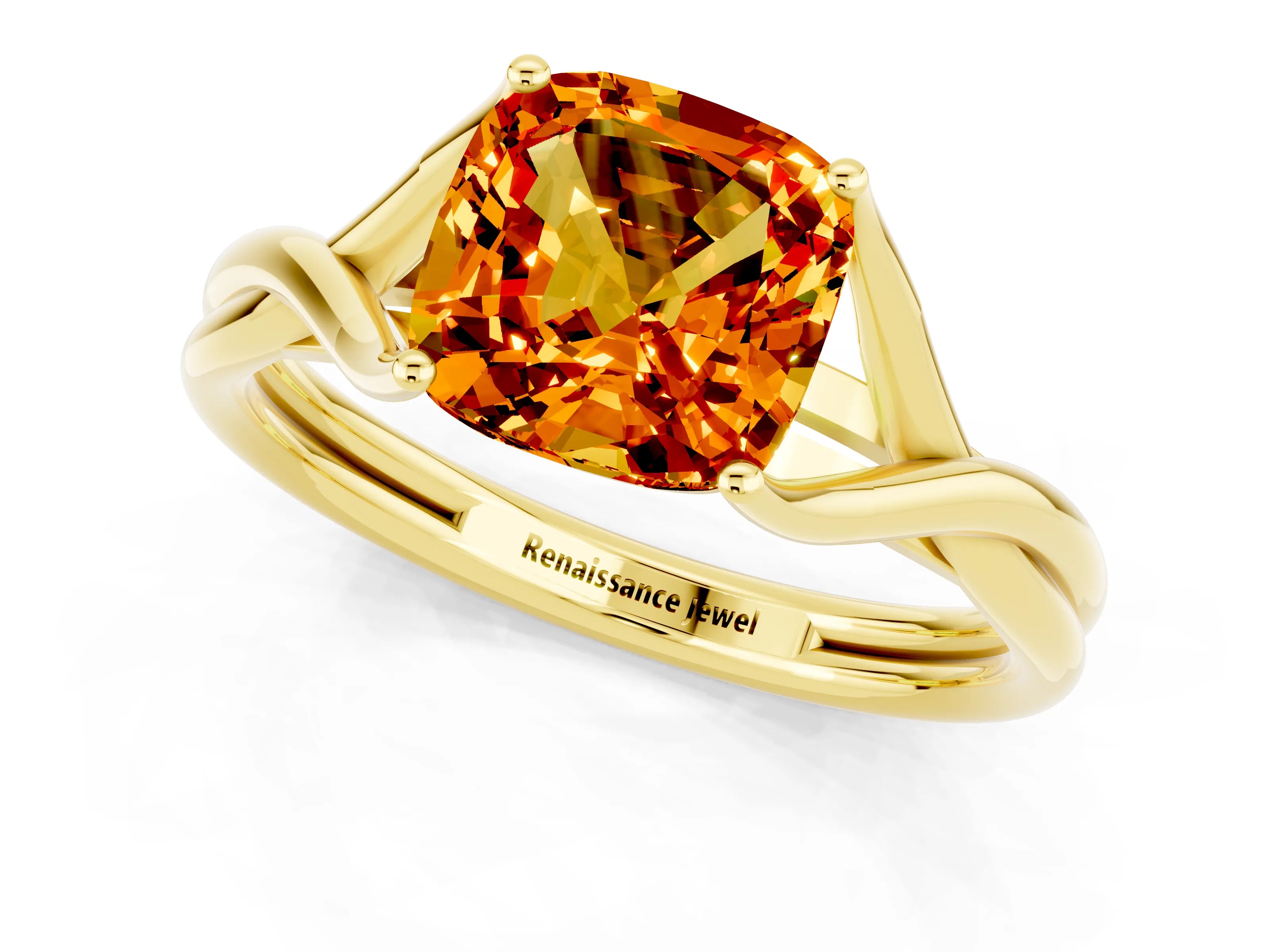 Yellow gold Cushion Cut Citrine Solitaire Twist Band Prong Setting Ring_49
