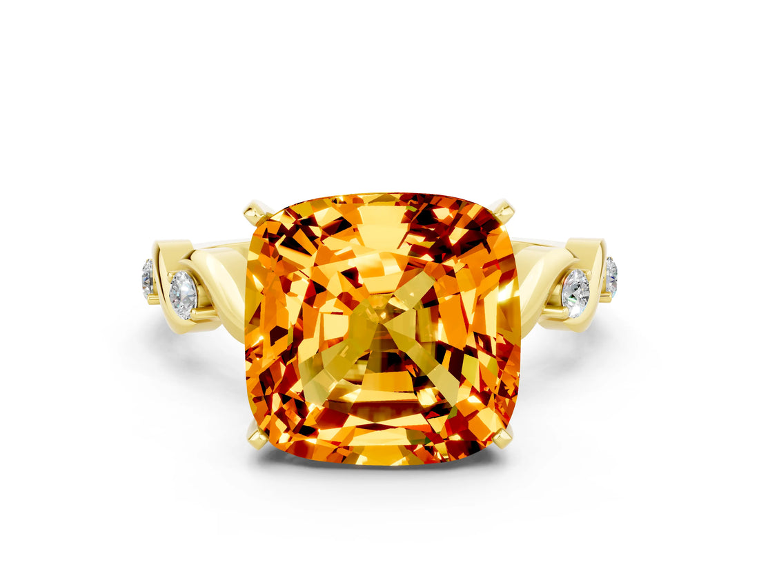 Yellow gold Cushion Cut Citrine Solitaire Twisted Band with Round  Accents and Prong Setting_12