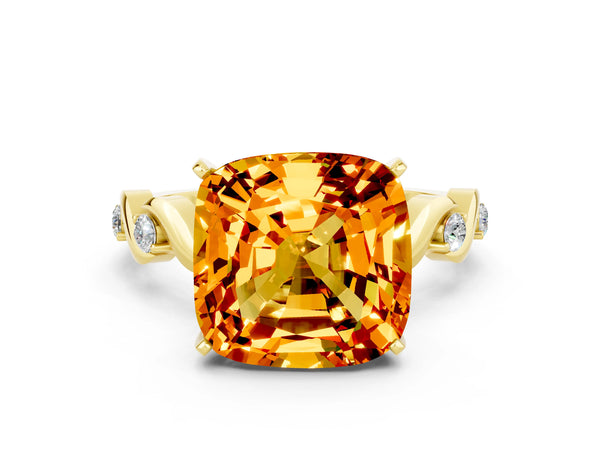 Yellow gold Cushion Cut Citrine Solitaire Twisted Band with Round  Accents and Prong Setting