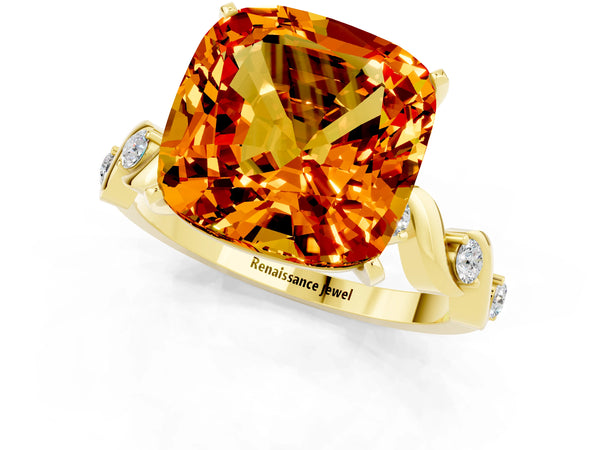 Yellow gold Cushion Cut Citrine Solitaire Twisted Band with Round  Accents and Prong Setting