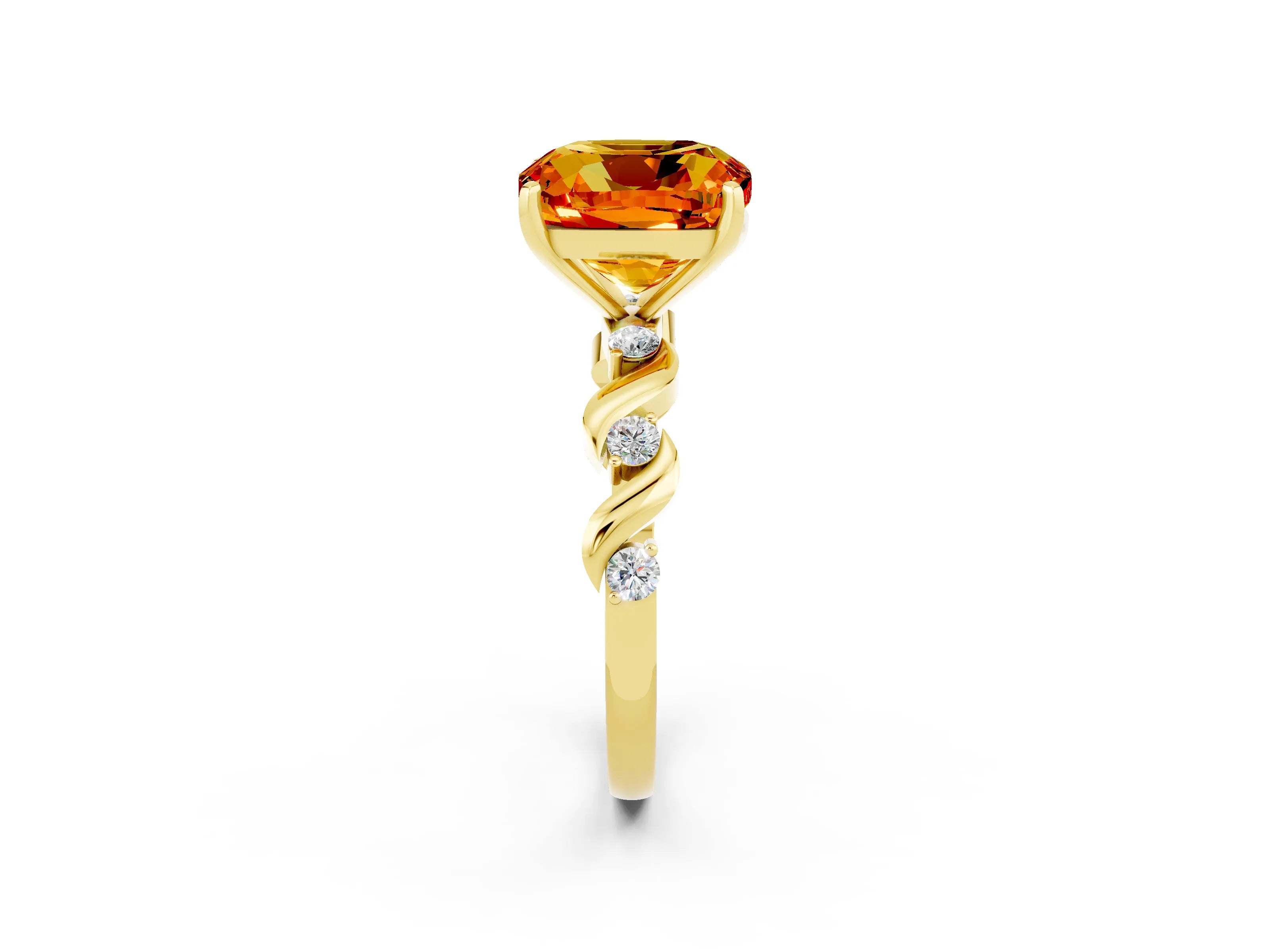 Yellow gold Cushion Cut Citrine Solitaire Twisted Band with Round  Accents and Prong Setting_14