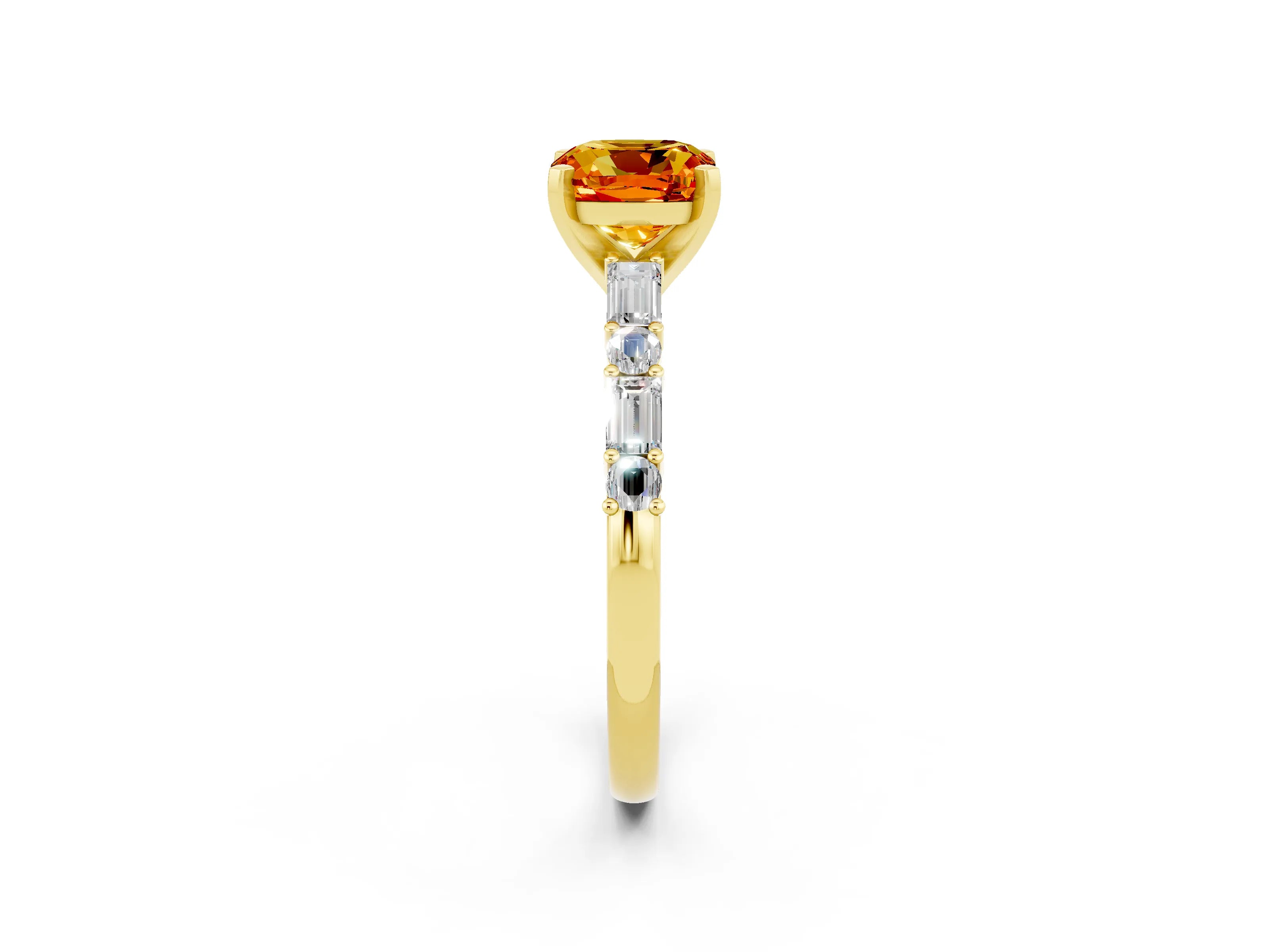 Yellow gold Cushion Cut Citrine Solitaire with Side Baguettes and Channel Set Band_2