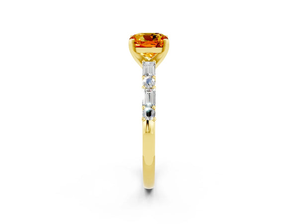 Yellow gold Cushion Cut Citrine Solitaire with Side Baguettes and Channel Set Band