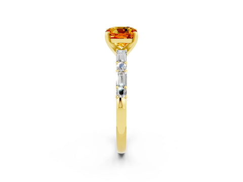 Yellow gold Cushion Cut Citrine Solitaire with Side Baguettes and Channel Set Band_2