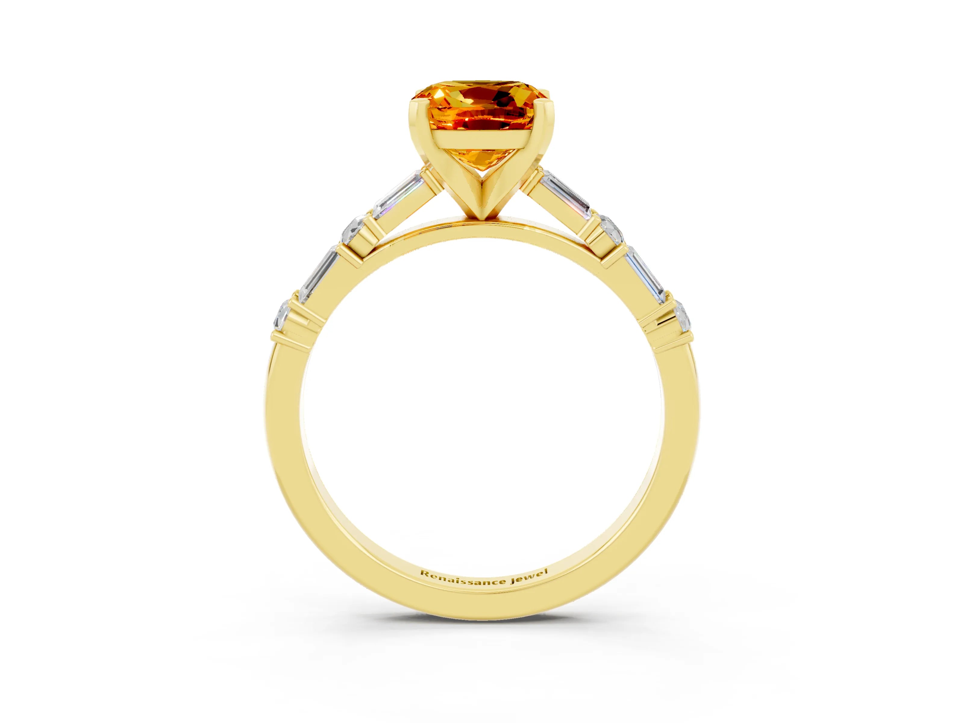 Yellow gold Cushion Cut Citrine Solitaire with Side Baguettes and Channel Set Band_3