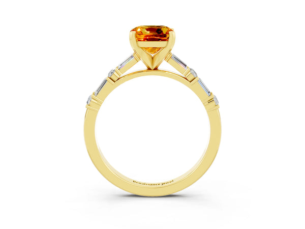 Yellow gold Cushion Cut Citrine Solitaire with Side Baguettes and Channel Set Band