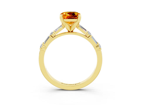 Yellow gold Cushion Cut Citrine Solitaire with Side Baguettes and Channel Set Band_3