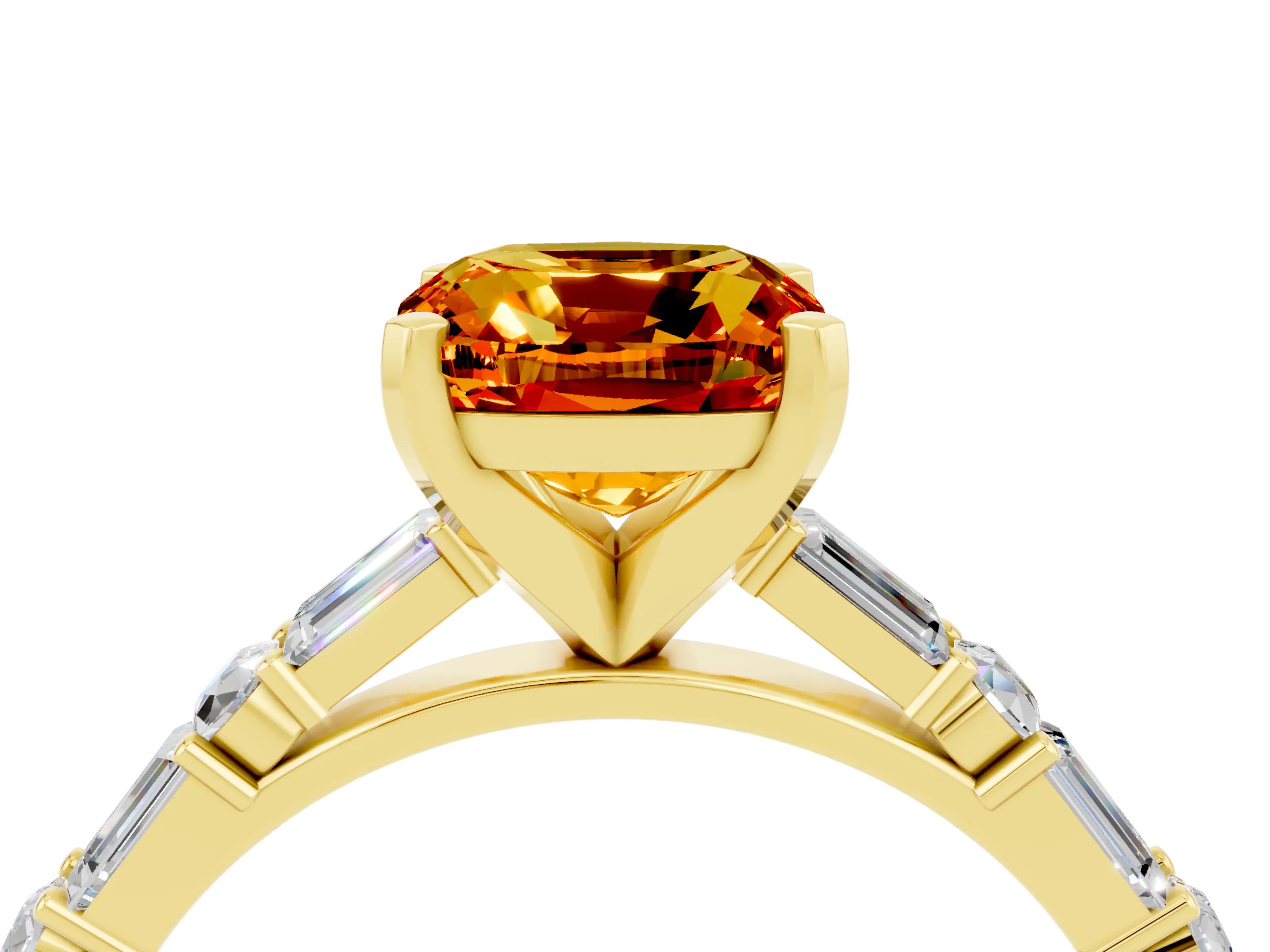 Yellow gold Cushion Cut Citrine Solitaire with Side Baguettes and Channel Set Band_4