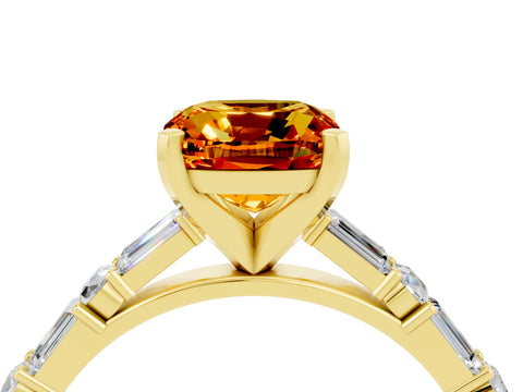 Yellow gold Cushion Cut Citrine Solitaire with Side Baguettes and Channel Set Band_4
