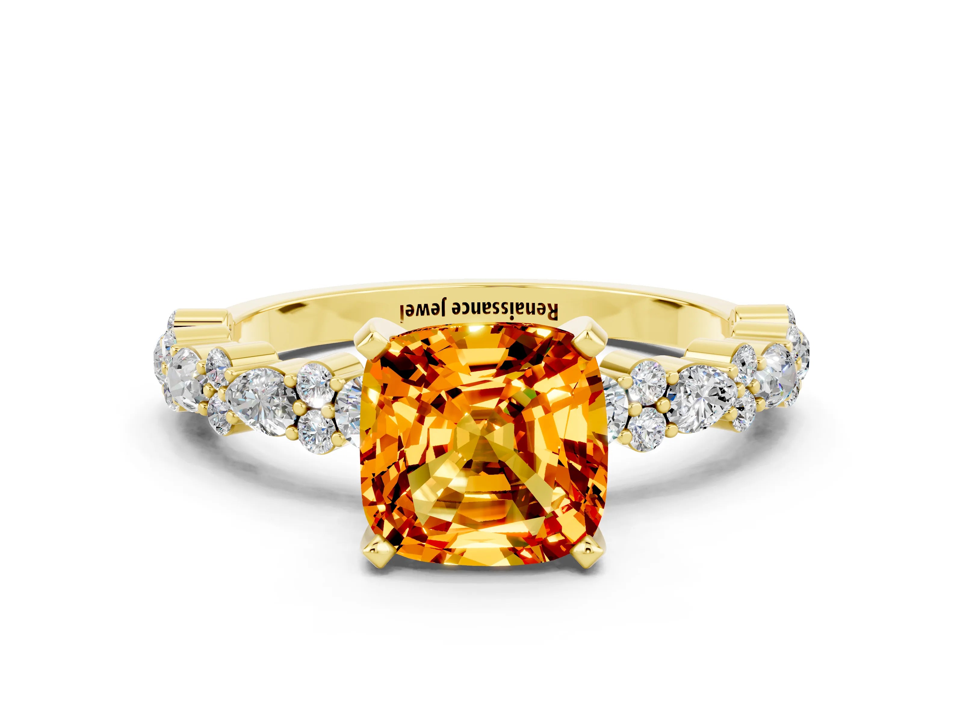 Yellow gold Cushion Cut Citrine Solitaire with Side Stones, Pave Band, Four-Prong Setting_36