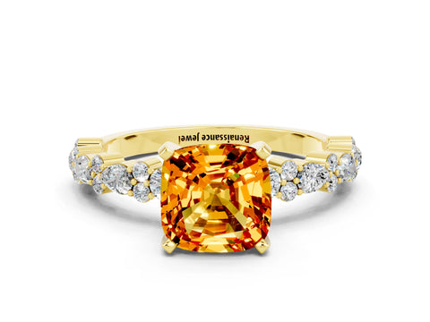 Yellow gold Cushion Cut Citrine Solitaire with Side Stones, Pave Band, Four-Prong Setting_36