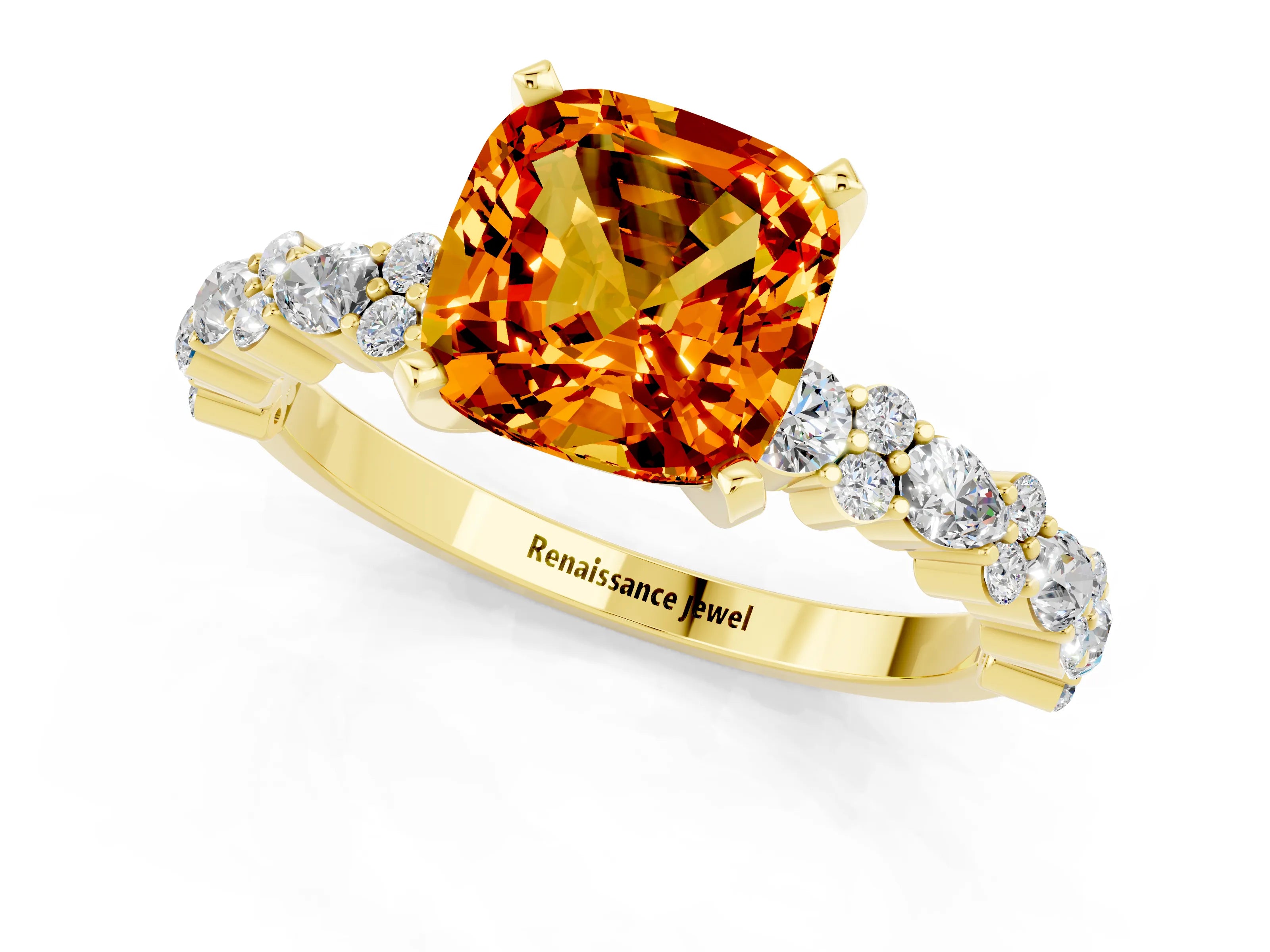 Yellow gold Cushion Cut Citrine Solitaire with Side Stones, Pave Band, Four-Prong Setting_37
