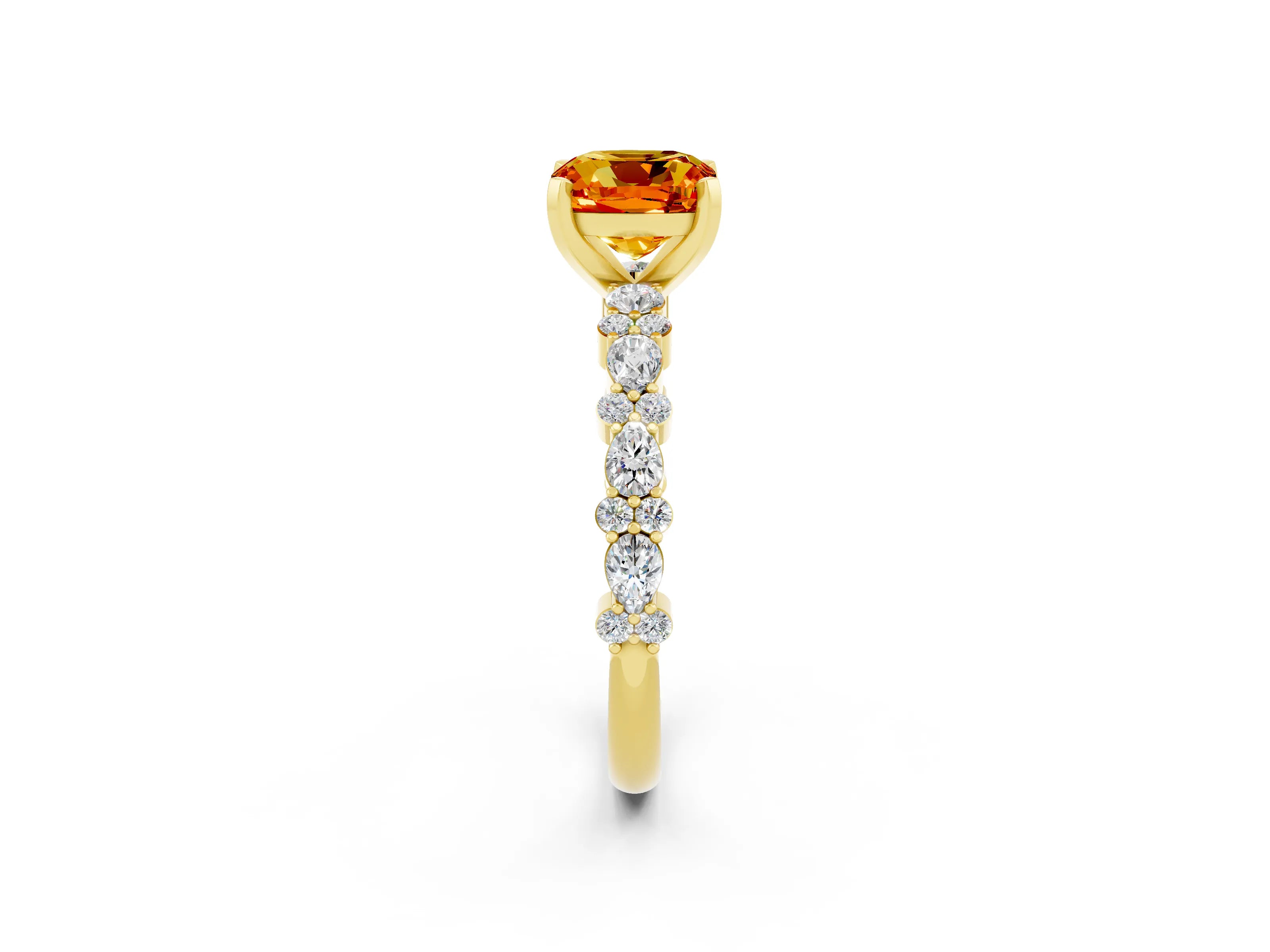 Yellow gold Cushion Cut Citrine Solitaire with Side Stones, Pave Band, Four-Prong Setting_38