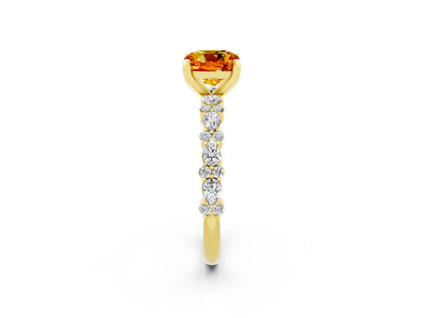Yellow gold Cushion Cut Citrine Side Stone Solitaire Ring with Round  and Four-Prong Setting
