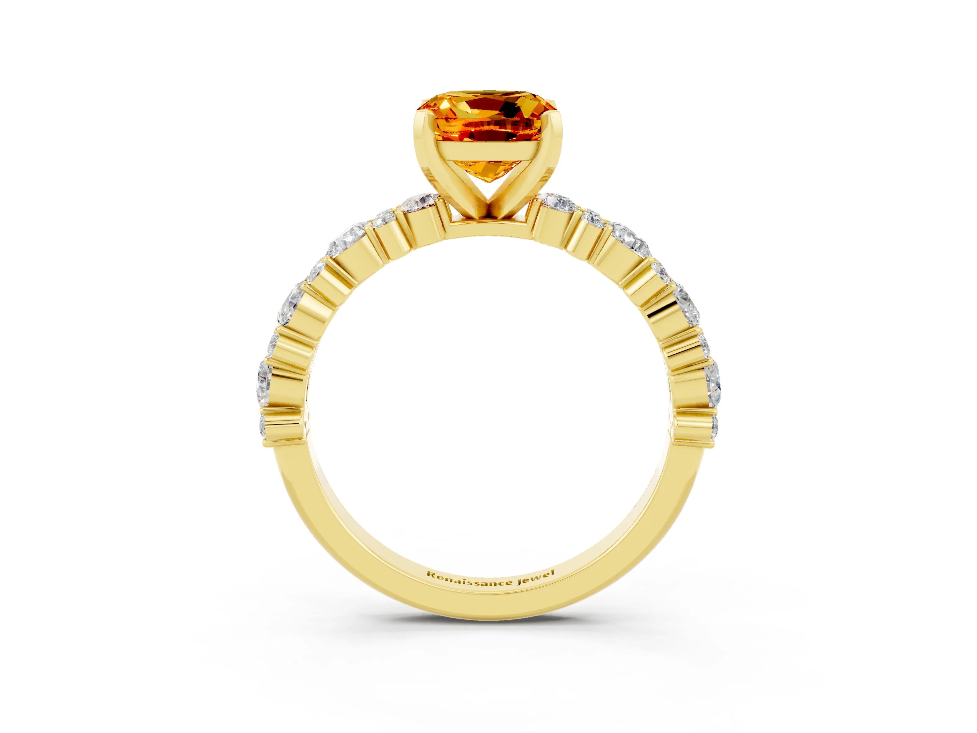 Yellow gold Cushion Cut Citrine Solitaire with Side Stones, Pave Band, Four-Prong Setting_39