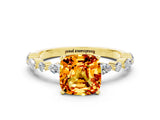 Yellow gold Cushion Cut Citrine Solitaire with Side Stones on a Pavé Band and Four-Prong Setting
