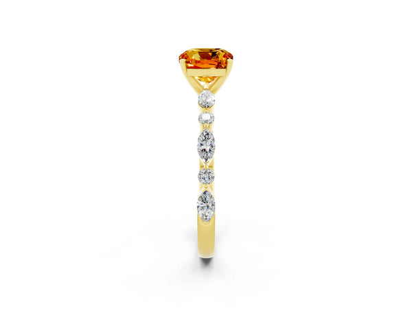 Yellow gold Cushion Cut Citrine Ring with Marquise and Round  Side Stones and Four-Prong Setting