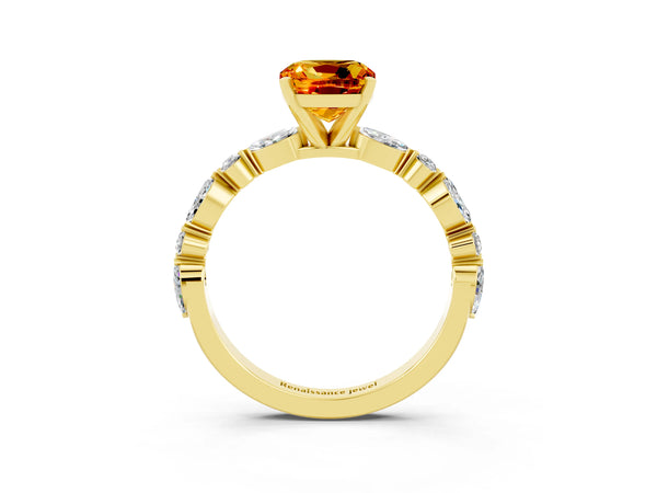 Yellow gold Cushion Cut Citrine Ring with Marquise and Round  Side Stones and Four-Prong Setting