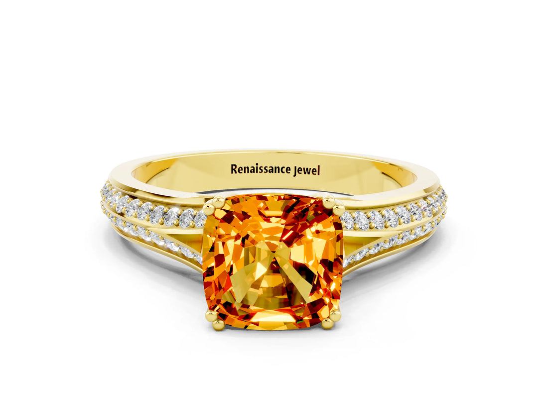 Yellow gold Cushion Cut Citrine Split Shank Engagement Ring with Pavé Band