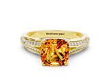 Yellow gold Cushion Cut Citrine Split Shank Engagement Ring with Pavé Band