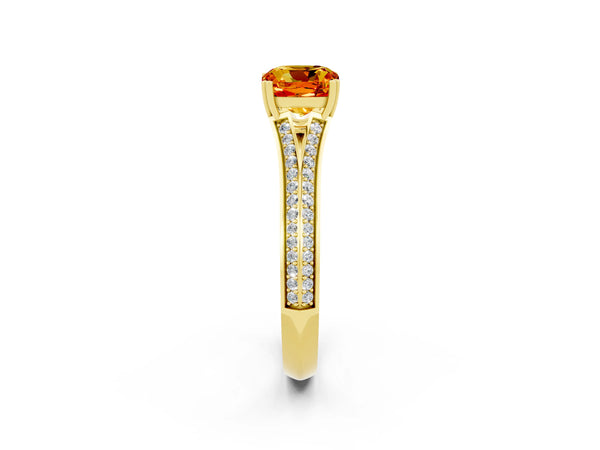 Yellow gold Cushion Cut Citrine Split Shank Engagement Ring with Pavé Band