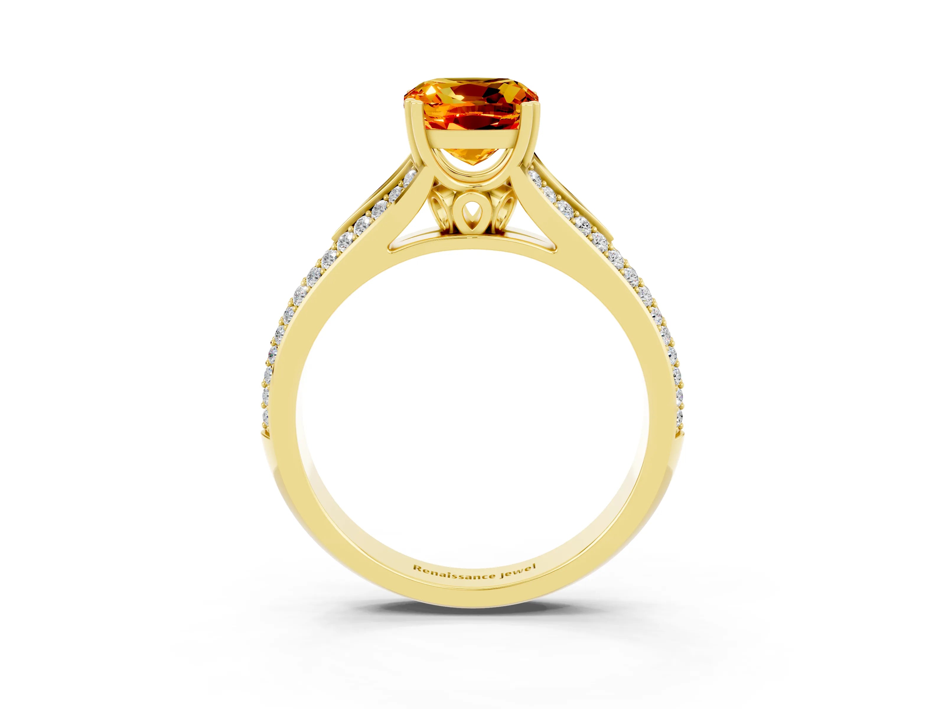 Yellow gold Cushion Cut Citrine Split Shank Engagement Ring with Pavé Band_3