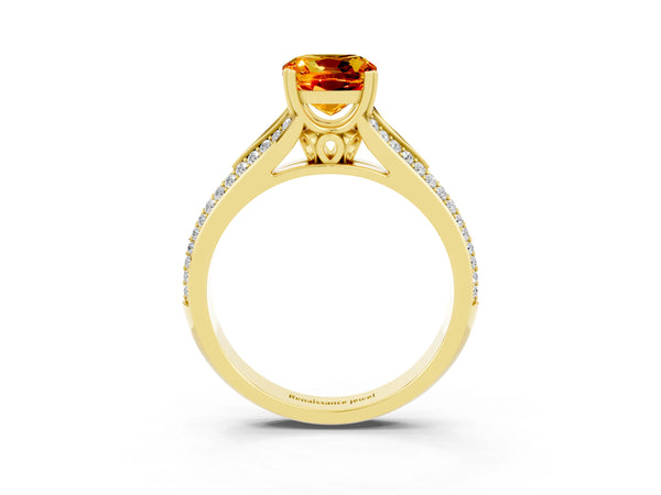 Yellow gold Cushion Cut Citrine Split Shank Engagement Ring with Pavé Band