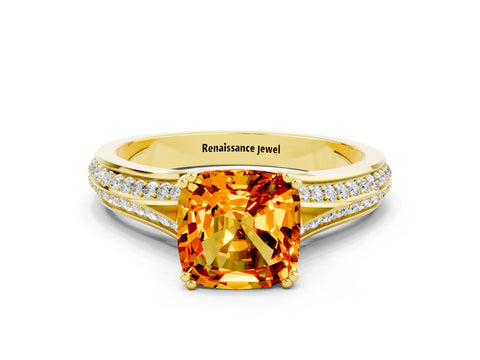 Yellow gold Cushion Cut Citrine Split Shank Engagement Ring with Pavé Band