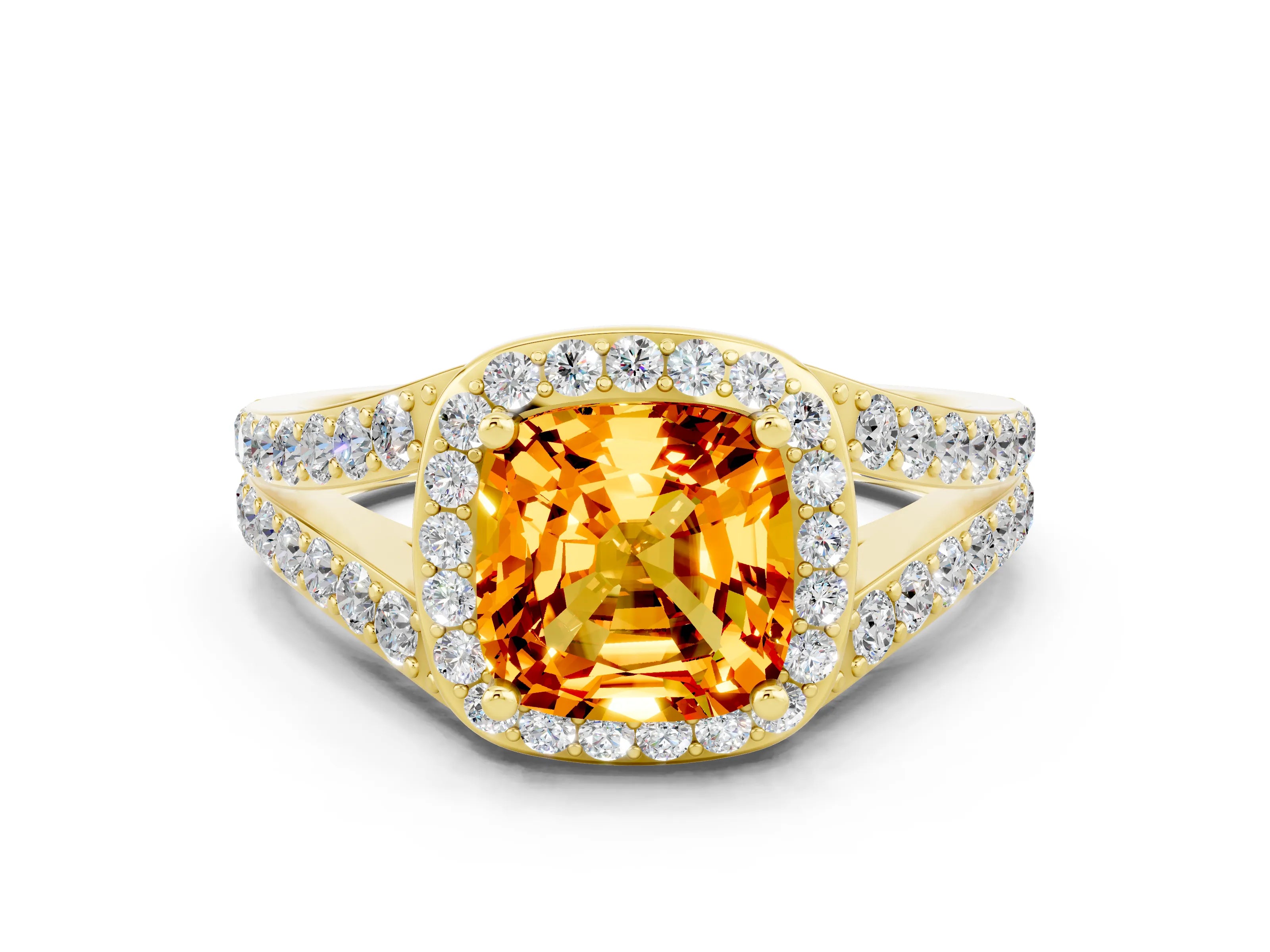 Yellow gold Cushion Cut Citrine Split Shank Halo Ring with Four-Prong Setting_12