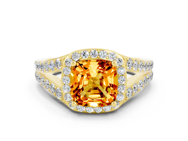 Yellow gold Cushion Cut Citrine Split Shank Halo Ring with Four-Prong Setting