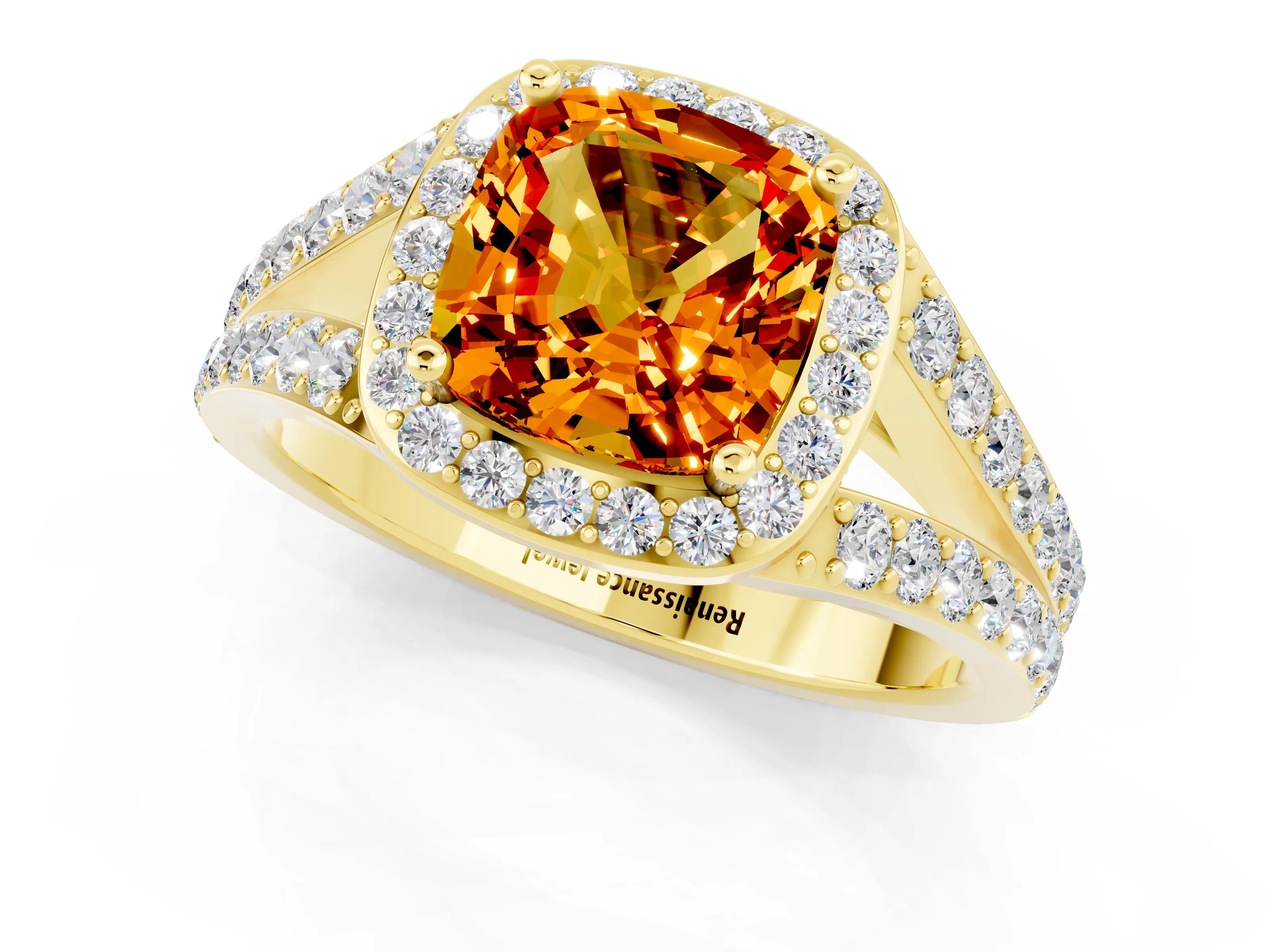 Yellow gold Cushion Cut Citrine Split Shank Halo Ring with Four-Prong Setting_13