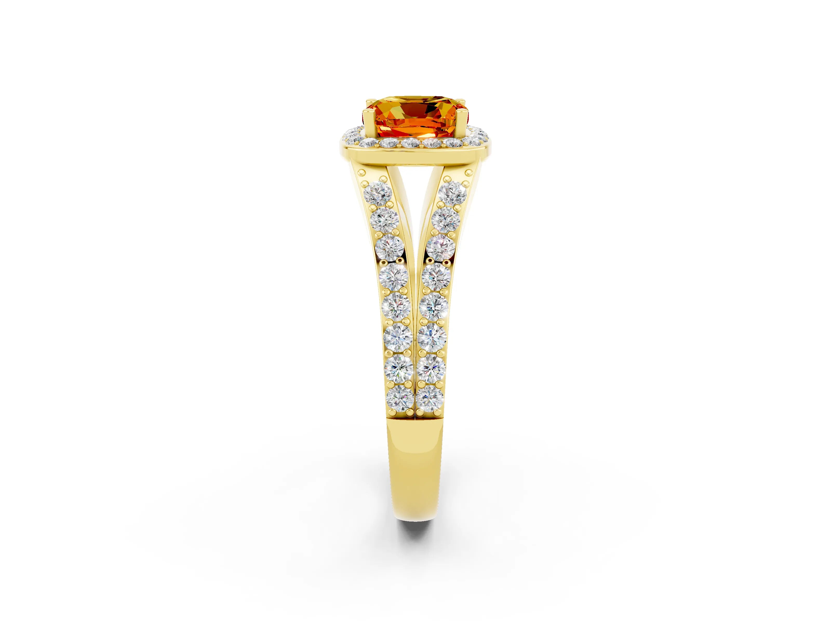 Yellow gold Cushion Cut Citrine Split Shank Halo Ring with Four-Prong Setting_14